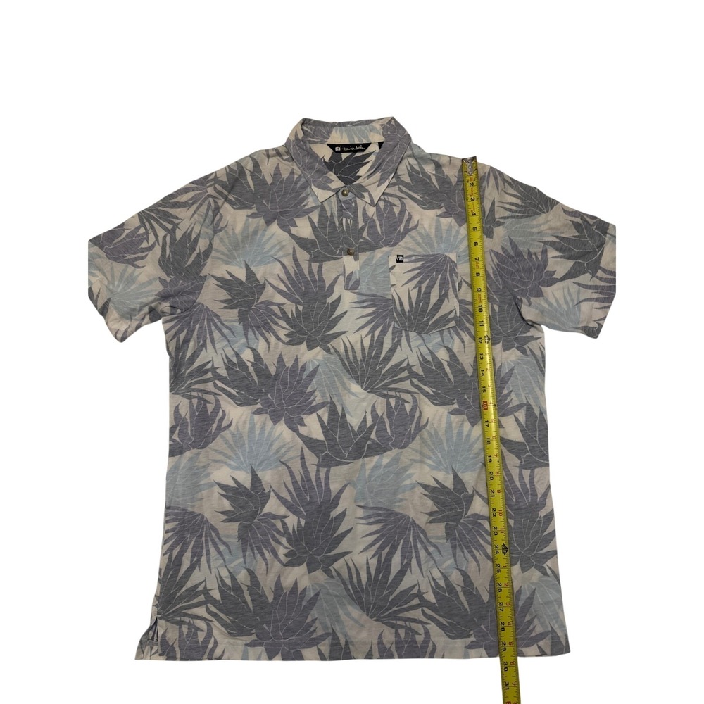 TravisMathew Polo Shirt Mens XL‎ Blue Grey Tropical Leaf Print Short Sleeve